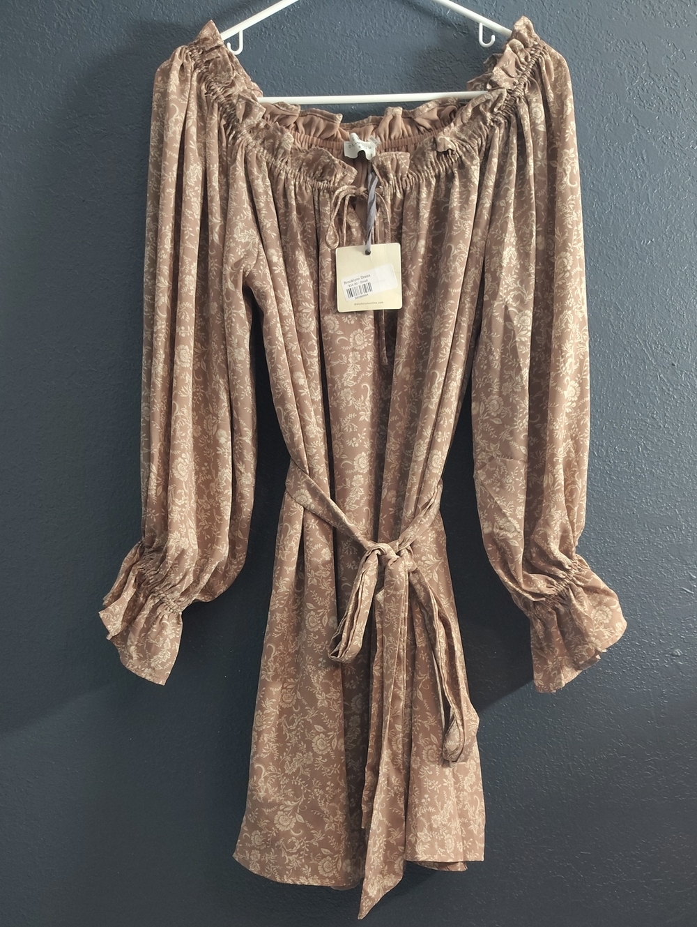 NWT Dress Forum Beige Floral Boho Western off Shoulder Mini Dress Size Small